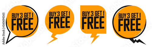 Buy 2=3 Get 1 Free, Set Sale speech bubble banners design template, discount tags collection, great offer, vector illustration