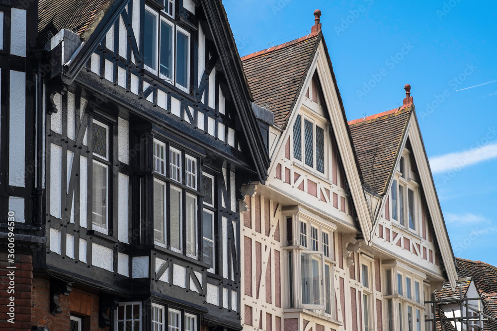 The frontage of Tudor half-timbered houses in Canterbury, Kent, UK