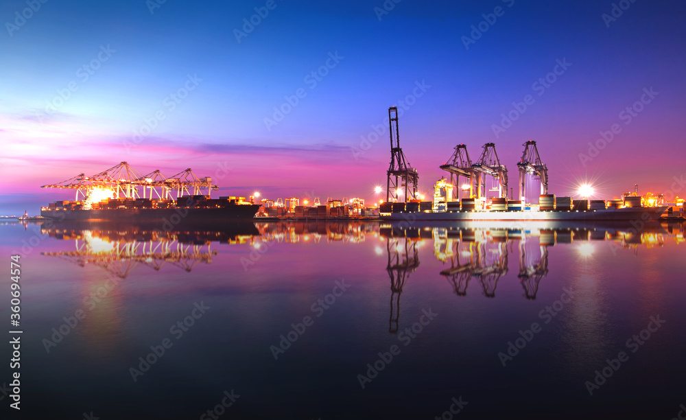 Reflection at dock Terminal of Logistics Containers cargo. Import and export industry