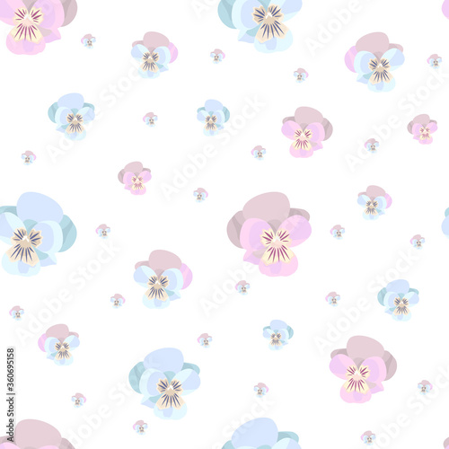 Ditsy print.Motifs scattered random. Seamless vector texture. Printing with small pink and blue Viola, pansies flowers