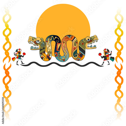 Ethnic Frame of Aztecs, Mayans, Incas Border with Serpent and Sun Snake Dragon	