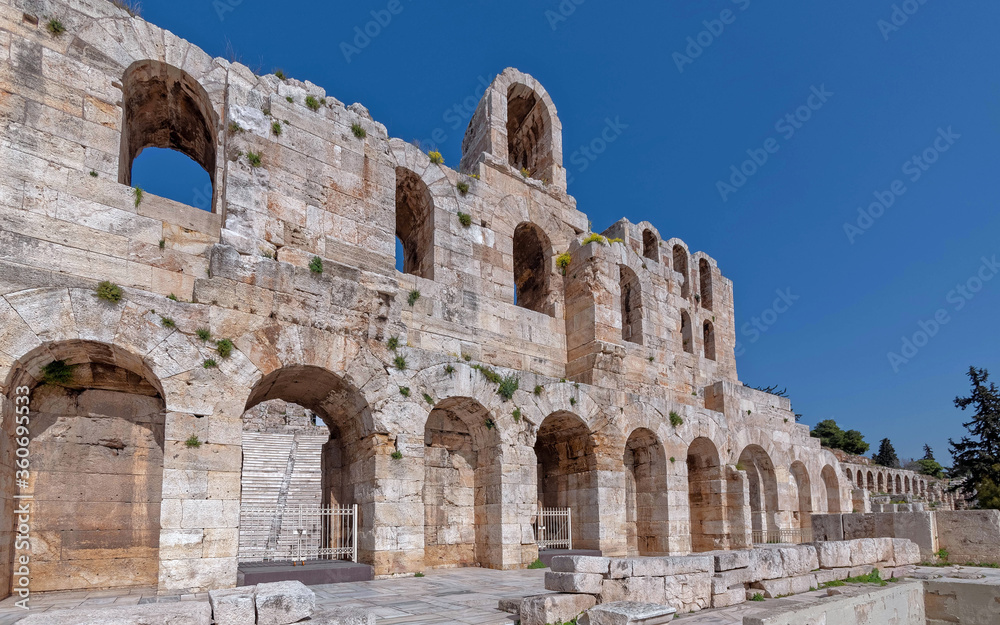 Herodium ancient Roman theatre arched facade under acropolis of Athens, Greece
