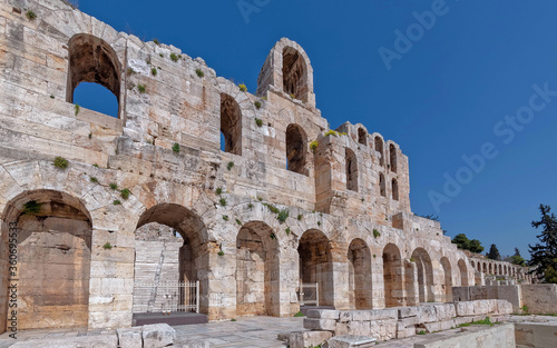 Herodium ancient Roman theatre arched facade under acropolis of Athens, Greece