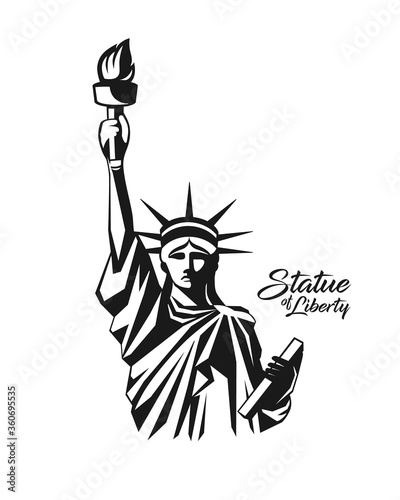 Statue of liberty from United States of america, black and white design isolated on white background, vector illustration
