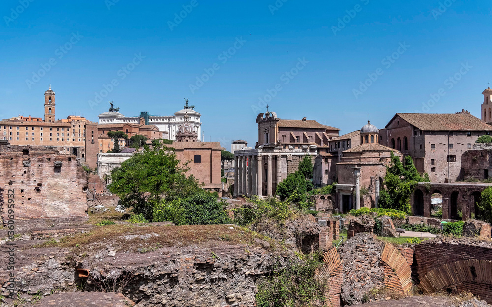 Rome Italy, panoramic view of the roman forum under clear blue sky
