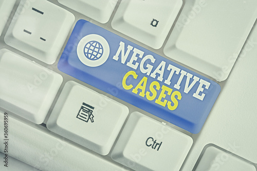 Text sign showing Negative Cases. Business photo showcasing circumstances or conditions that are confurmed to be false White pc keyboard with empty note paper above white key copy space photo