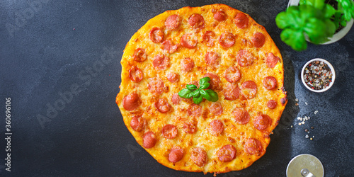 pizza salami sausages cheese fast food Takeaway Menu concept serving size. food background top view copy space for text organic healthy eating