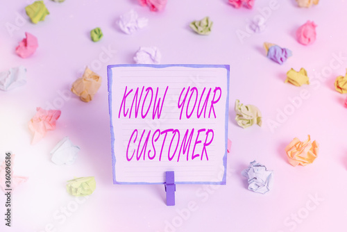 Conceptual hand writing showing Know Your Customer. Concept meaning The idea of business identification and finance safety Colored crumpled paper empty reminder white floor clothespin