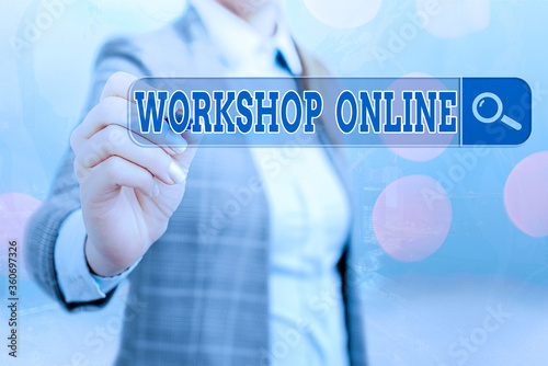 Writing note showing Workshop Online. Business concept for course made available, digital platform to provide knowledge Web search digital information futuristic technology network connection photo