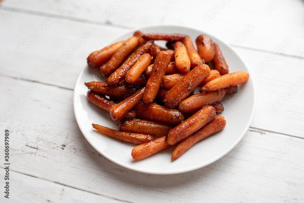 Baby carrots glazed with balsamic vinegar and roasted 
