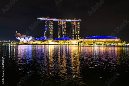 Singapore - 8 11 2018:Marina Bay hotel at nigh colourfully illuminated