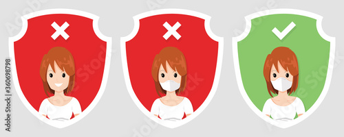 Correct and wrong ways to using protective full antivirus medical face mask infographic. Woman wearing surgical mask to prevent Covid-19 or Coronavirus pandemic on shield sign. Vector of protection