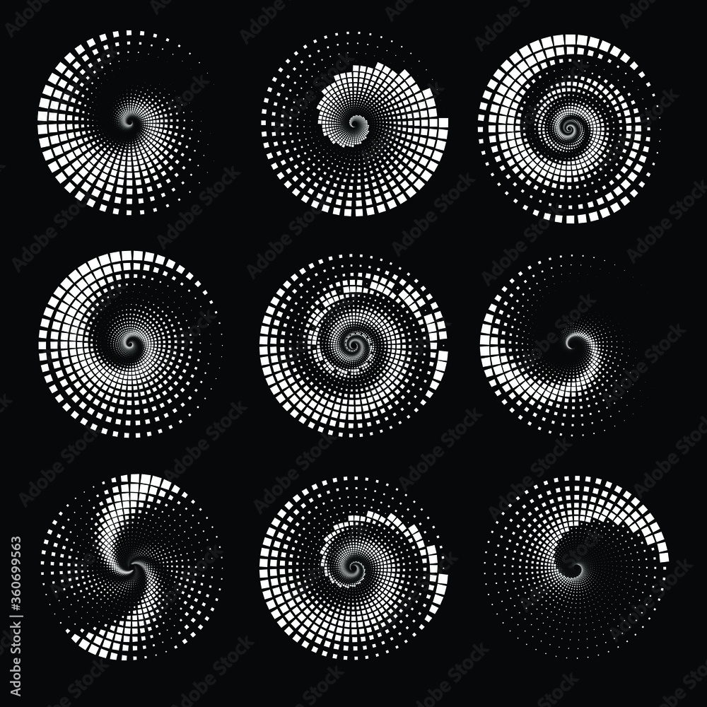 Set of white square halftone dots. Spiral form. Geometric art. Trendy design element for frame, logo, tattoo, sign, symbol, web, prints, posters, template, pattern and abstract background Set of white square halftone dots. Spiral form. Geometric art. Trendy design element for frame, logo, tattoo, sign, symbol, web, prints, posters, template, pattern and abstract background