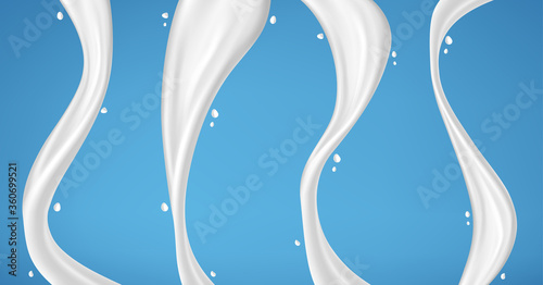 Pouring milk splash isolated on blue background. Vector realistic illustration
