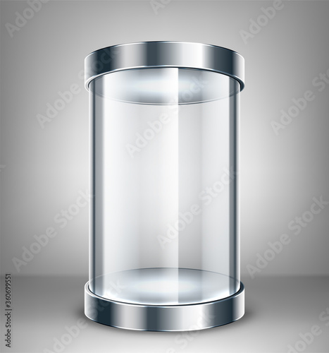 Empty round glass showcase for exhibit. Glass exhibition spot for presentation. Vector illustration
