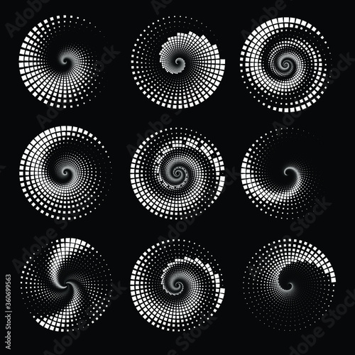 Set of white square halftone dots. Spiral form. Geometric art. Trendy design element for frame, logo, tattoo, sign, symbol, web, prints, posters, template, pattern and abstract background