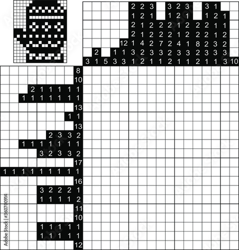 Japanese crossword. Black and white. Paint by number puzzle. Education game for children. Mitten