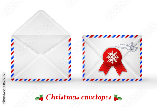 Set of Christmas envelopes. Vector illustration. Open and close envelope. Christmas mail icons. Isolated on white.