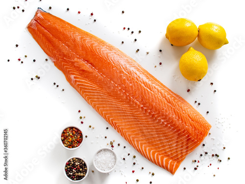 Fresh raw salmon fillet on white background
