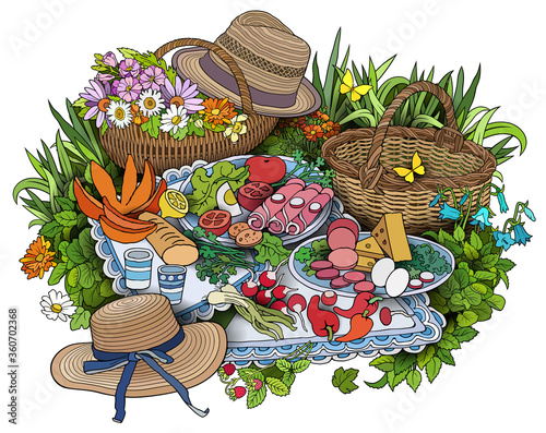 BBQ hand drawn vector doodles illustration. Picnic elements and objects cartoon background. Bright colors summer funny picture