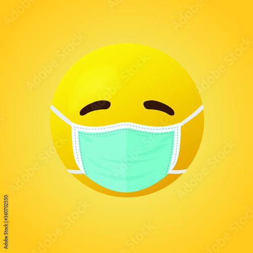 Emoticon with mouth mask - yellow face with eyes wearing a white surgical mask