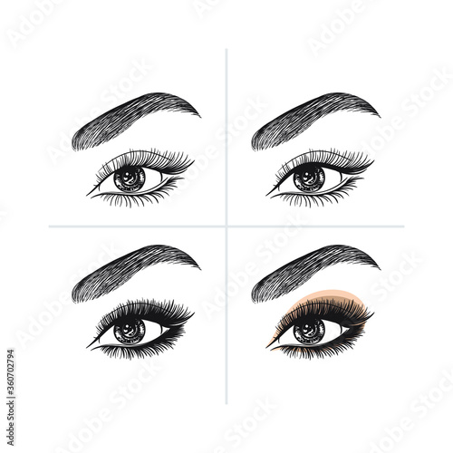 Eyes without makeup. Eyes with makeup.Step by step.Beautiful female eye isolated on a white background.Eyebrows, eyelashes, shadows.Vector stock illustration template.Eye makeup tutorial.