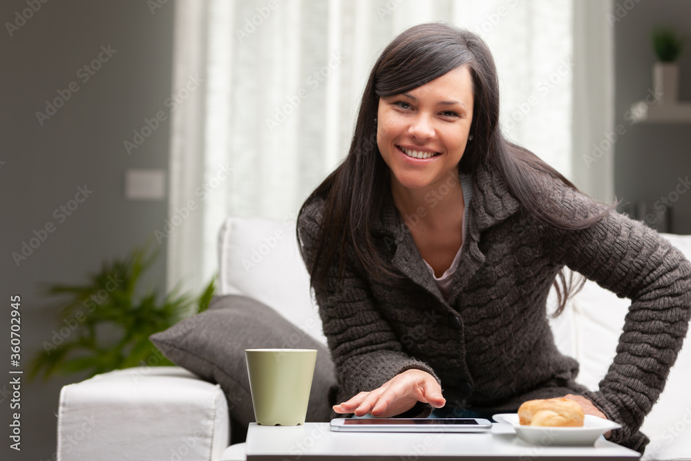 breakfast with tablet mug and brioche breakfast with tablet mug and brioche