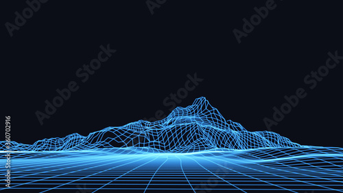 Abstract digital landscape with particles dots and stars on horizon. Wirefram...