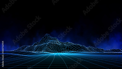 Abstract digital landscape with particles dots and stars on horizon. Wireframe landscape background. Big Data. 3d futuristic vector illustration. 80s Retro Sci-Fi Background