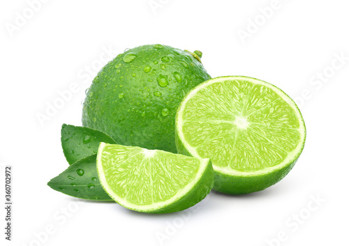 Natural  fresh lime with sliced and water droplets isolated on white background.