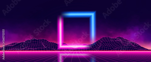Abstract digital landscape with particles dots and stars on horizon. Wireframe landscape background. Big Data. 3d futuristic vector illustration. 80s Retro Sci-Fi Background