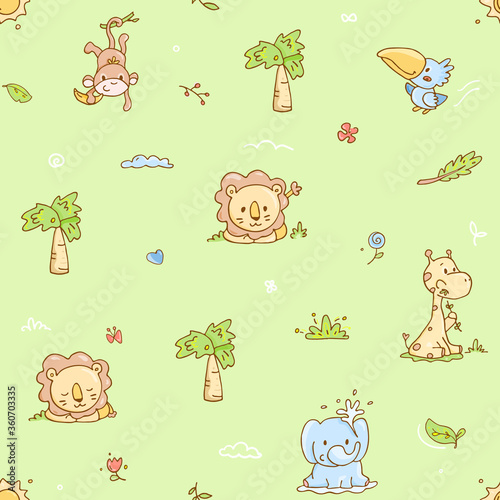 adorable seamless pattern with baby animals, tropical jungle theme on tender green background