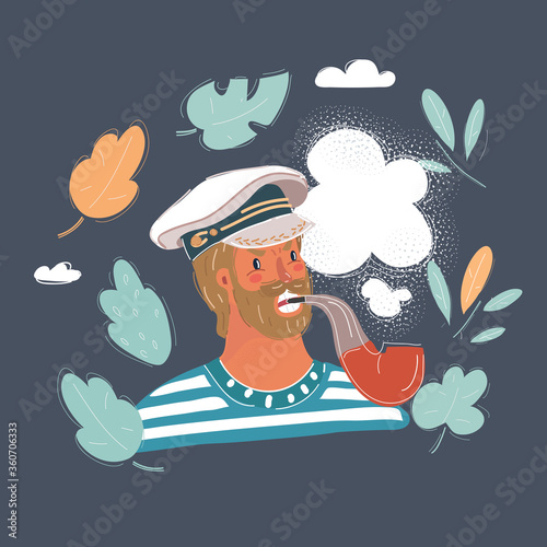 Vector illustration of old seaman. Young man wearing in sail cap and smoke tobbaco pipe.