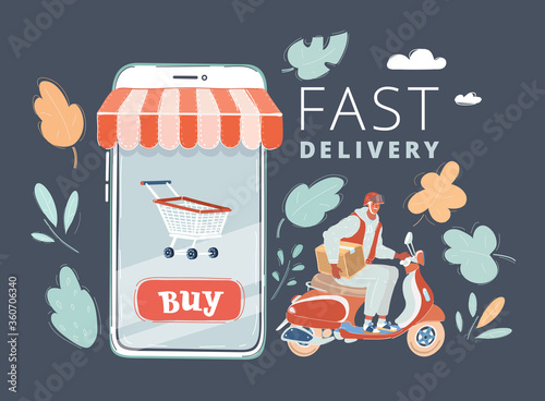 Vector illustration of scooter Delivery postman ride on scooter. Shipping and transportation service.