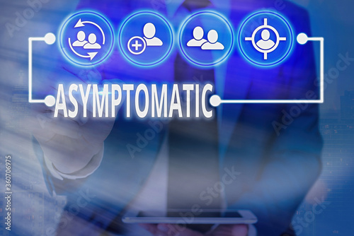 Writing note showing Asymptomatic. Business concept for a condition or an individual producing or showing no symptoms Information digital technology network infographic elements photo