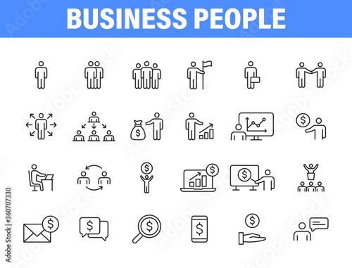 Set of 24 Business people and teamwork web icons in line style. Business, teamwork, leadership, manager. Vector illustration.