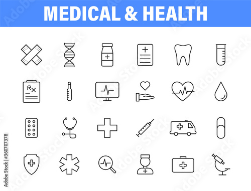 Set of 24 Medical and Health web icons in line style. Medicine and Health Care, RX, infographic. Vector illustration.