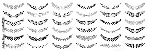 Set of black laurels branches. Flower ornament dividers collection. Vintage laurel wreaths. Hand drawn vector laurel leaves decorative elements. Leaves, swirls, award, icon. Vector illustration.