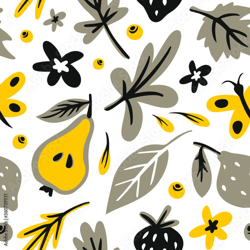 Leaves, flowers, berries, fruits flat hand drawn seamless pattern. Doodle and cartoon texture. Scandinavian illustrations. Color cliparts. Kitchen textile, background vector fill