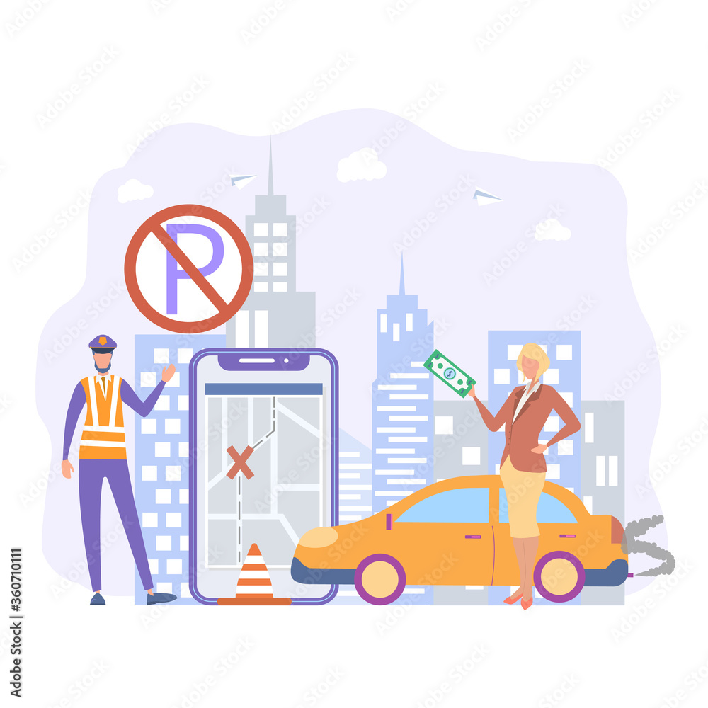 Paid parking, traffic and parking fines, fare, parking area, fine notice. Colorful vector illustration.