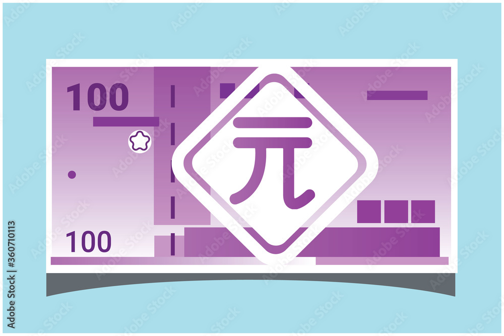 100 New Taiwan Dollar TWD Banknotes Paper Money Vector Icon Logo Illustration and Design. Taiwan Business, Payment and Finance Element. EPS 10 Vector illustration. Can be Used for Web, Mobile, Print.