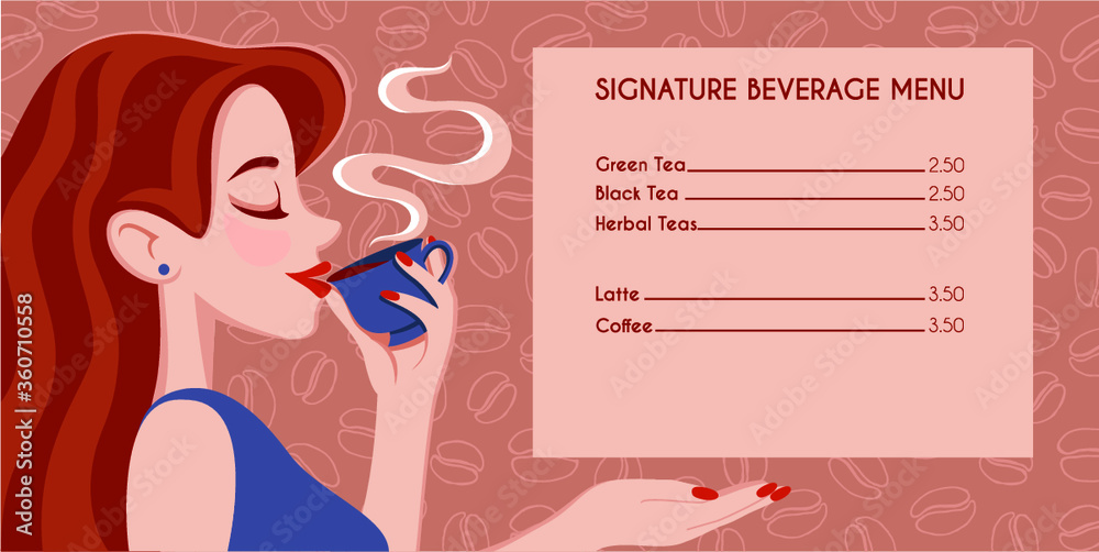 Cafe menu design. Beautiful Girl Drinking Tea or Coffee on background coffee beans pattern. Beauty cartoon Woman with the Cup of Hot Beverage. Warm Colors (Vector Art) Cafe menu design. Beautiful Girl Drinking Tea or Coffee on background coffee beans pattern. Beauty cartoon Woman with the Cup of Hot Beverage. Warm Colors (Vector Art)