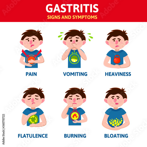 Gastritis vector infographic. Heartburn, heaviness, belching, nausea, flatulence, bloating, pain. Cartoon character. Isolated. Gastritis symptoms. Infographic elements