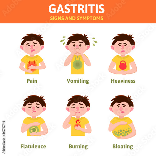 Gastritis vector infographic. Heartburn, heaviness, belching, nausea, flatulence, bloating, pain. Cartoon character. Isolated. Gastritis symptoms. Infographic elements