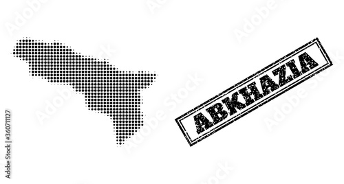 Halftone map of Abkhazia, and grunge watermark. Halftone map of Abkhazia made with small black round dots. Vector seal with grunge style, double framed rectangle, in black color.
