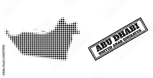 Halftone map of Abu Dhabi Emirate, and unclean seal stamp. Halftone map of Abu Dhabi Emirate made with small black round pixels. Vector seal with unclean style, double framed rectangle,