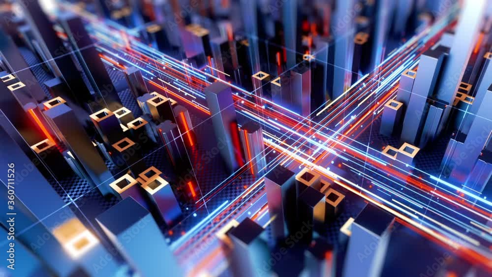 Connecting and moving big data in a digital city. 3d rendering.
