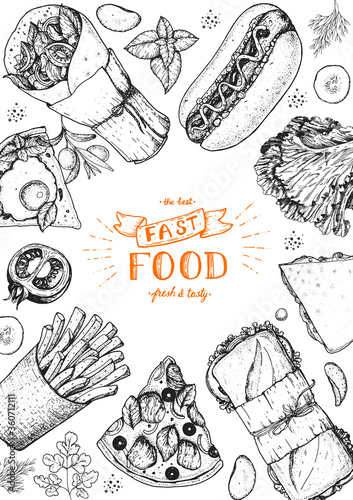 Fast food sketch collection. Vector illustration. Junk food set. Engraved style illustration. Fast food top view frame.