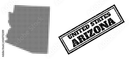 Halftone map of Arizona State, and unclean watermark. Halftone map of Arizona State generated with small black round pixels. Vector watermark with unclean style, double framed rectangle, photo