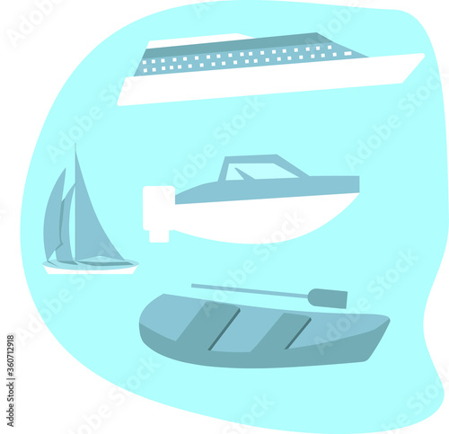 set of sea ships on an isolated background, flat-style boat, liner, motor boat and sailboat, boat and oars
